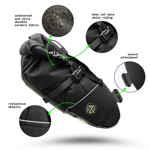 Inova Light Bike Saddle Bag Water Resistant Cordura 1000D Under Seat Storage For Bikepacking Large Underseat Bag For Road Gravel Cycling Multicam Camo All Weather Ready, showing rugged Cordura material and secure attachment.