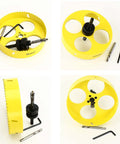 Front view of 6-inch bi-metal hole saw kit in yellow with 3/8" hex shank arbor, drill bit, and Allen key.