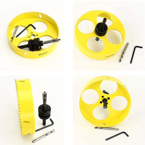 Front view of 6-inch bi-metal hole saw kit in yellow with 3/8" hex shank arbor, drill bit, and Allen key.