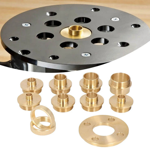 Heavy Duty Brass Router Template Guide Set With Lock Nut Adapters And Pro Woodworking Bushings, showcasing brass bushings and router base.