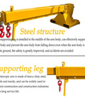 Built Like A Tank 6600 Lb Forklift Telescopic Jib Boom With Zero To Seventy Five Degree Adjustable Tilt, supporting leg view with red hooks.
