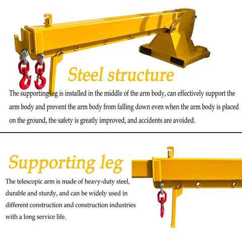 Built Like A Tank 6600 Lb Forklift Telescopic Jib Boom With Zero To Seventy Five Degree Adjustable Tilt, supporting leg view with red hooks.