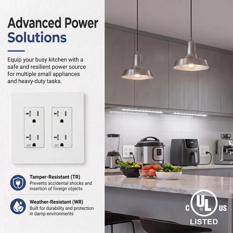 Heavy Duty Tamper Resistant Decorator Outlet Combo Kit Featuring Kid Proof Shutters Two Gang Screwless Wall Plate Set in a kitchen