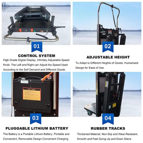 Brute Stair Climbing Hand Truck With Telescoping Handle, 661 Lb Heavy Duty Electric Dolly Cart, 800W Powered Stair Crawler showing control system and adjustable height.