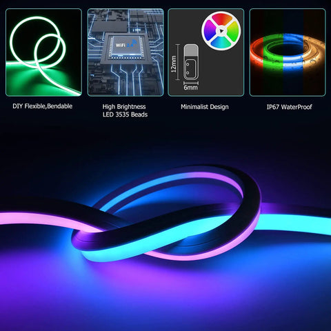 WiFi RGB Rope Lights With Music Sync Waterproof Flexible Dimmable Smart LED Strip For Bedroom And Outdoor Decor Remote And Adapter Included Alexa Compatible Millions Of Colors With Diffused Even Lighting Create A Chill Vibe shown coiled on reflective surface.