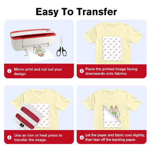 Printable Iron On Heat Transfer Paper For White And Light Fabrics, 25 Sheets, 8 5x11 Inches, DIY process steps with printer and tees