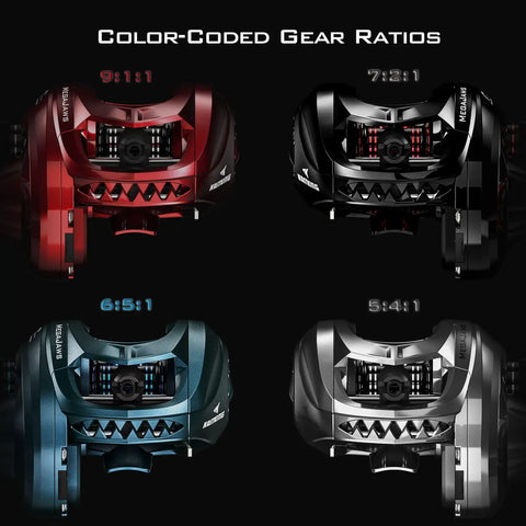 MegaJaws Baitcasting Reel With AutoMag Dual Braking System For Long, Stable Casts And Smooth Retrieval 7.2 To 1 Gear Ratio Right Handed Fishing Reel New Compact Blacktip Design color-coded gear ratios display