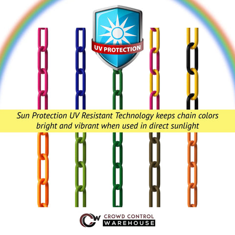 Smooth Operator Black Plastic Chain Barrier For Crowd Control And Steady Line Management Easy Roll Security Divider Two Inch Links Fifty Feet Long For Large Crowds colorful chain links showing UV resistance.