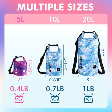 Comparison of 5L, 10L, and 20L waterproof dry bags in purple camo, showing sizes and weights