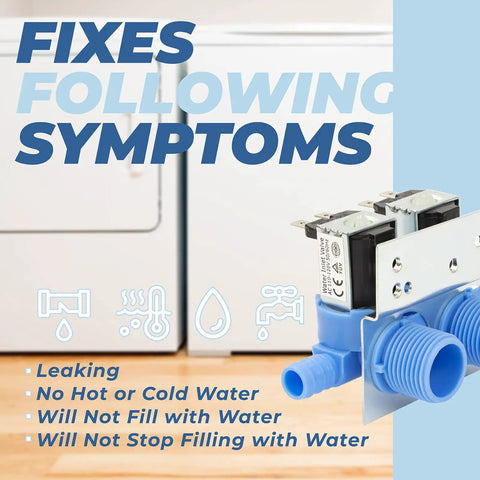 Washer Water Inlet Valve 285805 Replacement For Whirlpool Kenmore Maytag Frigidaire Electrolux with symptom icons