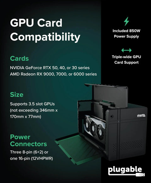 Thunderbolt 5 Egpu Enclosure Dock 80Gbps 850W Psu showing GPU compatibility details for Nvidia and AMD cards.