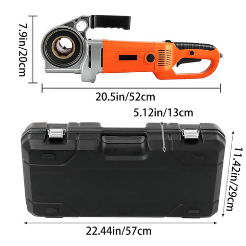Hella Powerful Electric Pipe Threading Machine With 2300W Pure Copper Motor Six Interchangeable Dies One Half To Two Inch Portable Handheld Power Drive For Steel Aluminum Polypropylene Work in orange with black case.