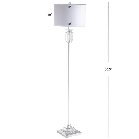 63 Inch Clear Chrome Faceted Crystal Iron LED Floor Lamp With White Linen Drum Shade For Living Room, Contemporary Glam Standing Light