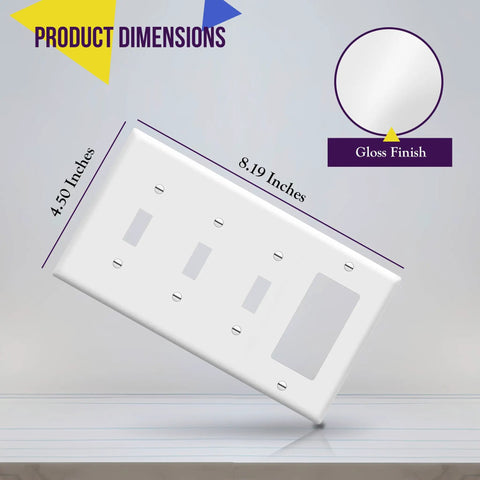 Combination Triple Toggle And Single Decorator Rocker Outlet Wall Plate Four Gang Standard Size 4.5 By 8.19 Inches Built Tough Durable Polycarbonate Thermoplastic UL Listed White