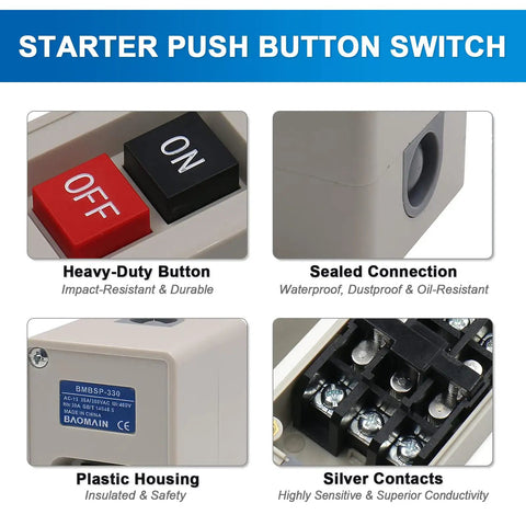 Heavy Duty 3 Phase On Off Push Button Switch With Self Locking Power For 380V And 220V 30A Motors Pumps And CNC Machines Industrial Motor Starter 3 Pole 3 Phase BMBSP 330 TBSP 330 features visible components