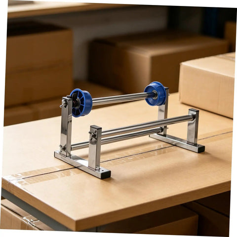 Manual Stretch Film Dispenser For Cargo Packaging And Wrapping Supplies With Durable Metal Plastic Assembly, Lightweight Design, Easy To Use Roll Holder on cardboard box