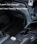 90W Four Port USB C Super Fast Car Charger With Dual PD Ports For iPhone And Android Phones in car, charging devices on center console.