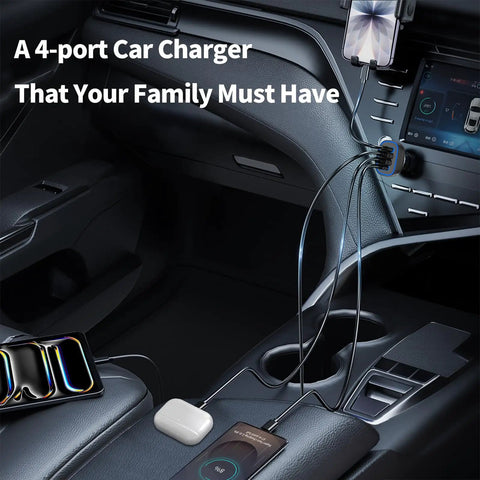 90W Four Port USB C Super Fast Car Charger With Dual PD Ports For iPhone And Android Phones in car, charging devices on center console.