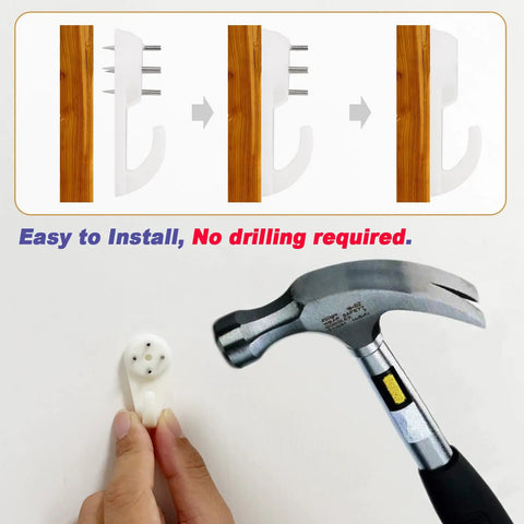 Heavy Duty Picture Hooks For Concrete Walls Zero Drilling Hassle 30 Pack installation demonstration with hammer and hook.