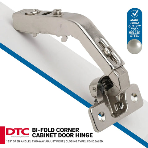 Top Shelf 2 Pack Bi Fold Corner Lazy Susan Hinges With Self Closing Action And 135 Degree Sweep Nickel Plated Concealed Cabinet Hardware, cold rolled steel, showing hinge mechanism.