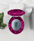 Toilet Seat Round Resin for Bathroom Use in pink glitter design, measuring 14.5" x 16.5", installed on a white toilet.