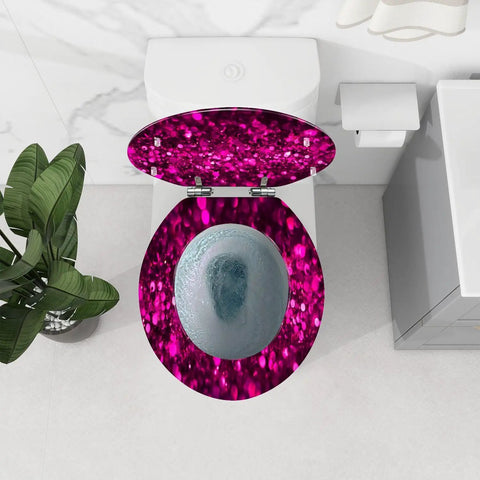 Toilet Seat Round Resin for Bathroom Use in pink glitter design, measuring 14.5" x 16.5", installed on a white toilet.