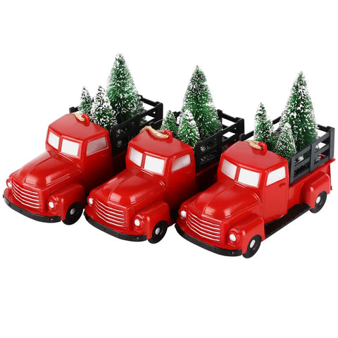 Three Pack Totally Vintage Red Truck Christmas Ornaments With Mini Christmas Trees Handcrafted Red Plastic Truck Models For Tree Decorating Holiday Party Decor And Craft Supplies.