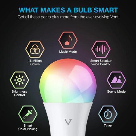 Smart LED Bulbs 2 Pack With WiFi 2.4GHz And Bluetooth 5.0 features like music sync, 16 million colors, no hub needed.