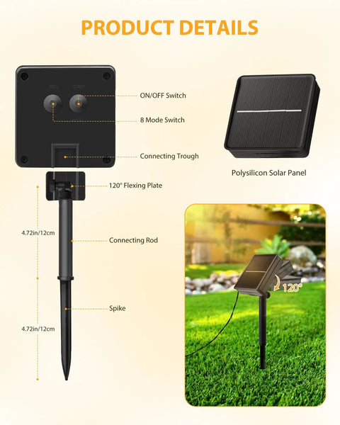 Diagram showing details of Two Pack 92Ft 240 LED Solar String Lights Outdoor Waterproof With Eight Modes for easy setup