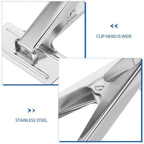 Close-up of Heavy Duty Metal Sewing Bed Cloth Clamps For Hemming And Fabric Quilting Workholding Tools with wide stainless steel clip head.