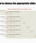 Diagram showing how to choose slide rail length based on drawer length; includes measurements for 8 to 18-inch rails.