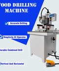 Pneumatic Hinge Boring Drill Press For Woodworking 48-6 Dual Function Electric Drill machine with control panel and foot pedal.