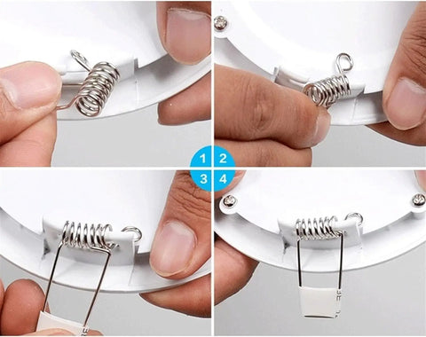 Installation process of DJVHSRI Recessed Lighting Housing Trim Kits Ultra Slim Recessed Downlight showing spring mechanism.