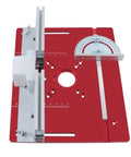 Slick Precision Router Lift Kit With Dead Simple Drop In Table Insert And Heavy Duty Aluminum Base Mounting Platform, red table with precise measurement features.