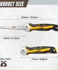 Two KATA folding drywall jab saws with black and yellow soft-grip handles and 7TPI triple-teeth blades