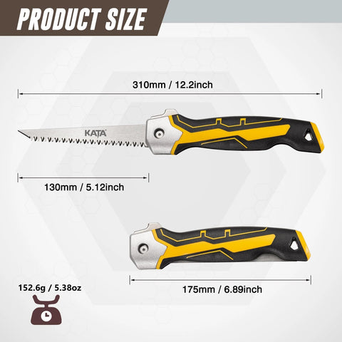 Two KATA folding drywall jab saws with black and yellow soft-grip handles and 7TPI triple-teeth blades