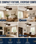 MADISH Walnut 21.7 Inch Flush Mount Ceiling Fan with Lights and Remote shown in dining room, bedroom, living room, and home office.