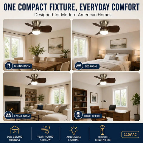 MADISH Walnut 21.7 Inch Flush Mount Ceiling Fan with Lights and Remote shown in dining room, bedroom, living room, and home office.