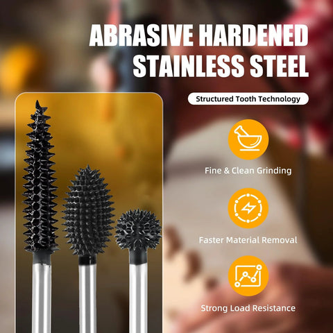 CAELUM 3-piece stainless steel rotary burr set with 1/8 in shanks for woodworking.