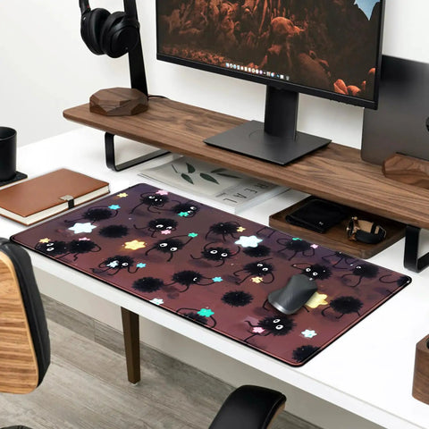 Ultra Large Anime Themed Gaming Mouse Pad With Pom Pom Stars Oversized Desk Pad For Computer Setup Smooth Non Slip Surface 31.5 By 11.8 Inches Stitched Edges Desk Decor For Women And Gamers on wooden desk.