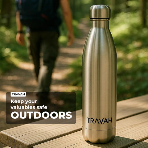 Hidden Storage Water Bottle With Double Wall Stainless Steel Tumbler Leak Proof 17oz Travel Safe Bottle outdoors on bench