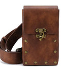 Heavy Duty Steampunk Crossbody Waist Pack Adjustable Chain Strap Gothic Fanny Sling Messenger Bag Vintage brown leather pouch with studs