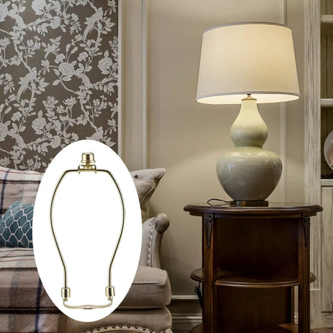 Straight Fire Slick Polished Brass Lamp Harp 10 Inch Light Duty Replacement Hardware with lampshade on a decorative table.