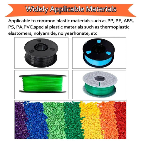 Wide selection of 3D printing filaments and pellets compatible with No Sweat 3D Filament Extruder Machine.
