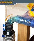 Rock Solid 2.5 Inch OD 90 Degree Elbow Dust Collector Connector In Clear ABS Plastic with visible airflow setup on workstation.