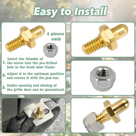 Four Pack Adjustable Grill Door Hinge Pins And Nuts Replacement Kit For Weber Genesis Summit Spirit Series Grills Stainless Steel Hinges Bolts And Nuts 70332 Compatible, including close-up of stainless steel nut and bolt