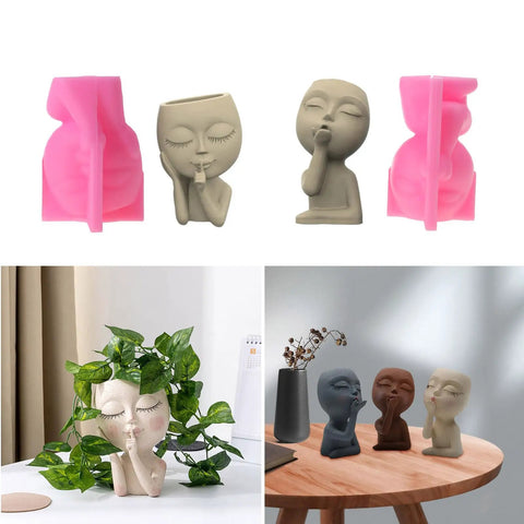 Face Silicone Planter Mold For Concrete Pots And Epoxy Resin Casting Unique Face Design Planter Pot For Home Garden And Patio Decor DIY Flower Plant Mold For Indoor Outdoor Use, showing pink molds and completed planters.