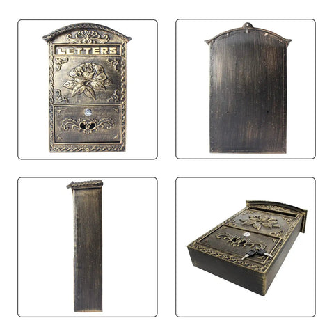 Vintage Wall Mounted Mailbox With Lock Cast Aluminum Outdoor Letter Box, front, side, back, angled views