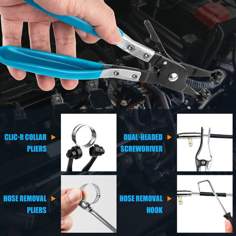 Automotive hose clamp pliers set, 9-piece with blue handles and long-reach swivel jaws (close-up view).