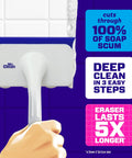Magic Eraser Shower and Tub Scrubber Bathroom Cleaner All In One Kit with lemon scent in use cleaning soap scum on tiles